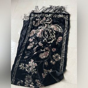 Black velvet ornate printed scarf sheer stitching and fringe detail at each end